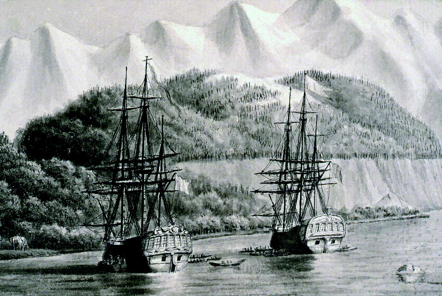 L'Astrolabe et la Boussole au mouillage, en Alaska en 1786.