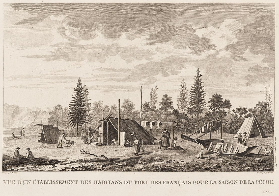 Vue d'un établissement des habitants du Port Des Français pour la saison de la pêche.