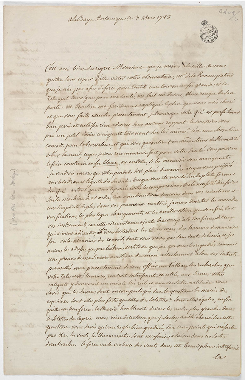 Lettre rapportée par les anglais du 3 mars 1788 de Lepaute Dagelet à l’astronome anglais Dawes. Source : State library of New South Wales.