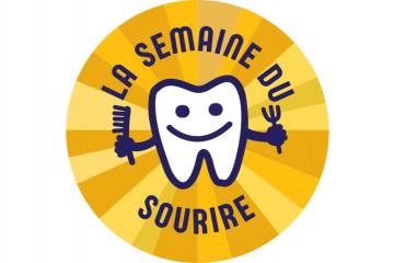 Logo de la semaine du sourire représentant une dent tenant une brosse à dents et une fourchette.